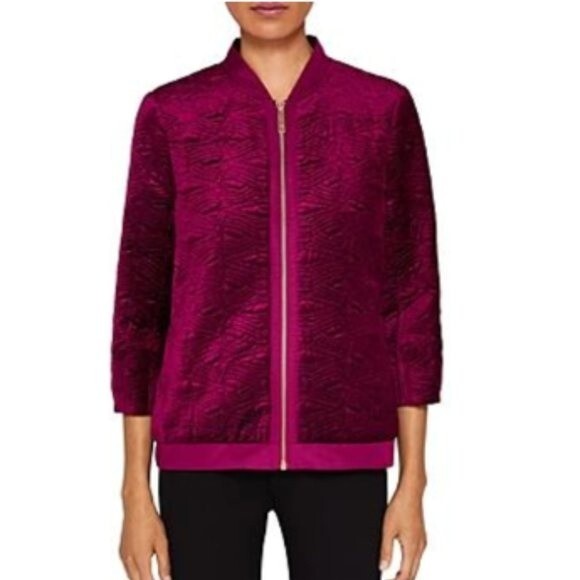 Ted Baker Bartel Quilted embroidered T bow Velvet Bomber Jacket deep pink Size 4 - Picture 1 of 4